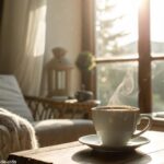 Cena tranquila de manhã com café e luz suave, representando um bom começo de sexta-feira, 25 de abril de 2025.