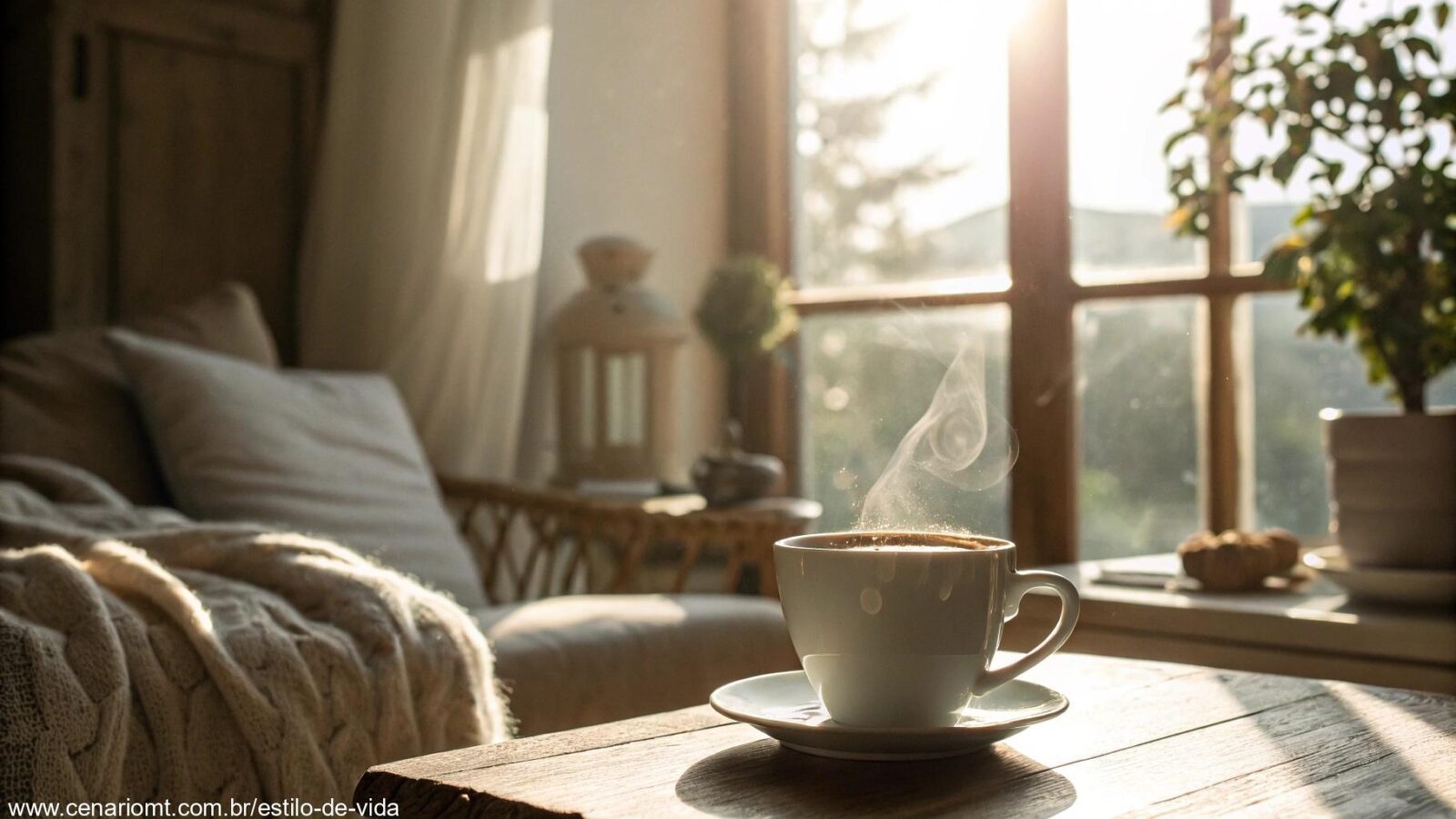 Cena tranquila de manhã com café e luz suave, representando um bom começo de sexta-feira, 25 de abril de 2025.
