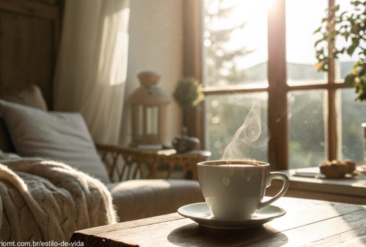 Cena tranquila de manhã com café e luz suave, representando um bom começo de sexta-feira, 25 de abril de 2025.