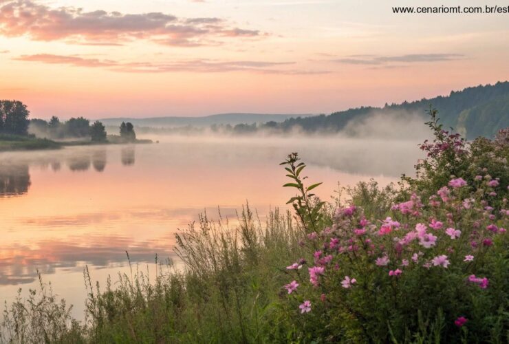 Nascer do sol sereno sobre um lago calmo com cores pastel suaves no céu, cercado por névoa delicada e flores desabrochando