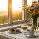 Cena de manhã tranquila com luz suave, mesa de café aconchegante e flores transmitindo carinho