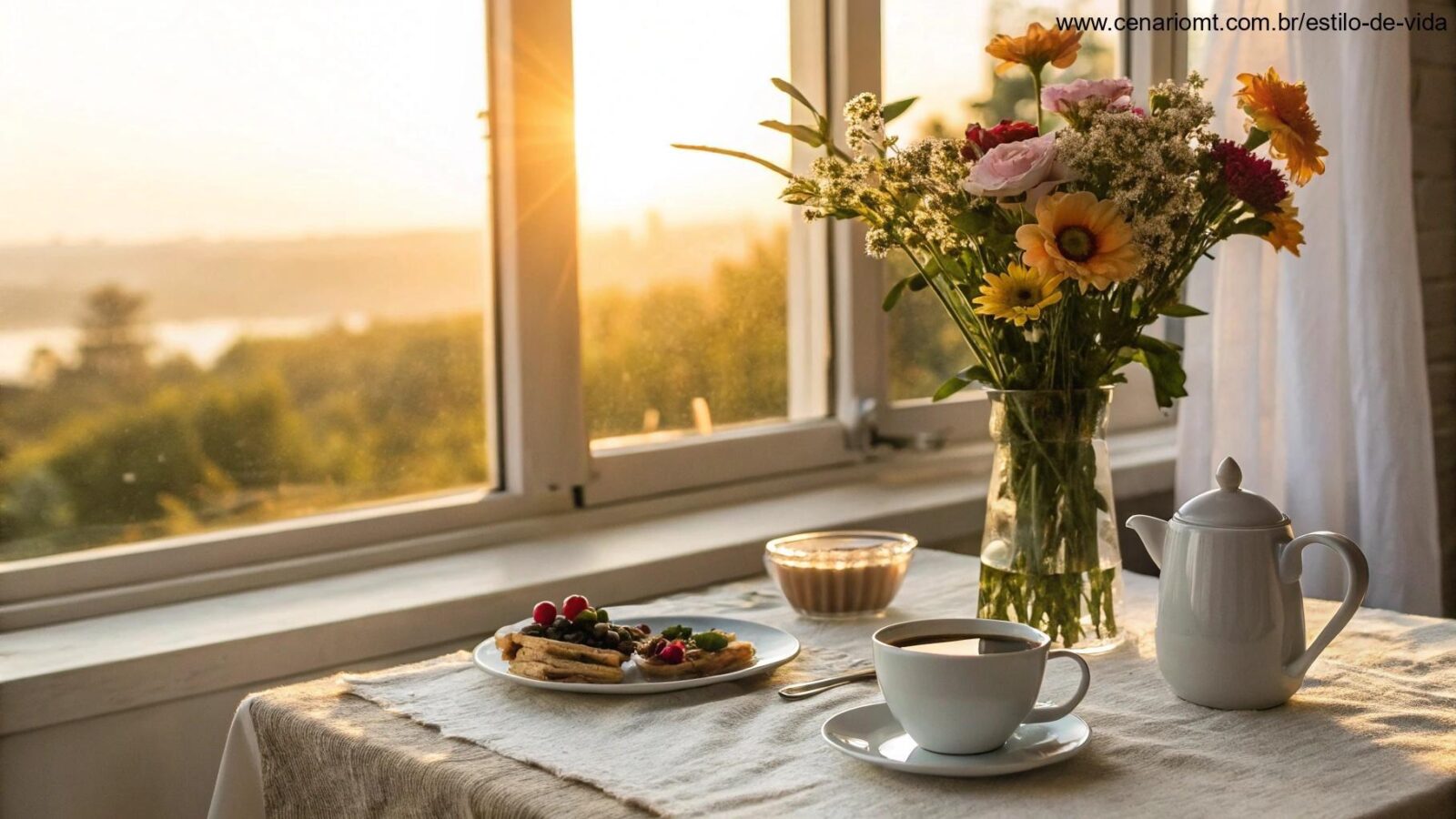 Cena de manhã tranquila com luz suave, mesa de café aconchegante e flores transmitindo carinho