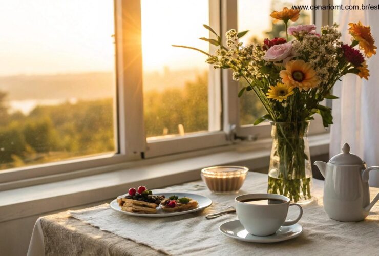 Cena de manhã tranquila com luz suave, mesa de café aconchegante e flores transmitindo carinho