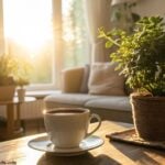 Cena acolhedora com luz suave entrando pela janela, uma xícara de café e uma planta bonita, simbolizando um começo de terça-feira tranquilo.