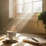Uma cena de manhã tranquila e acolhedora com luz suave entrando pela janela, iluminando uma mesa com uma xícara de café, uma planta e uma nota com a mensagem 'Bom Dia'.