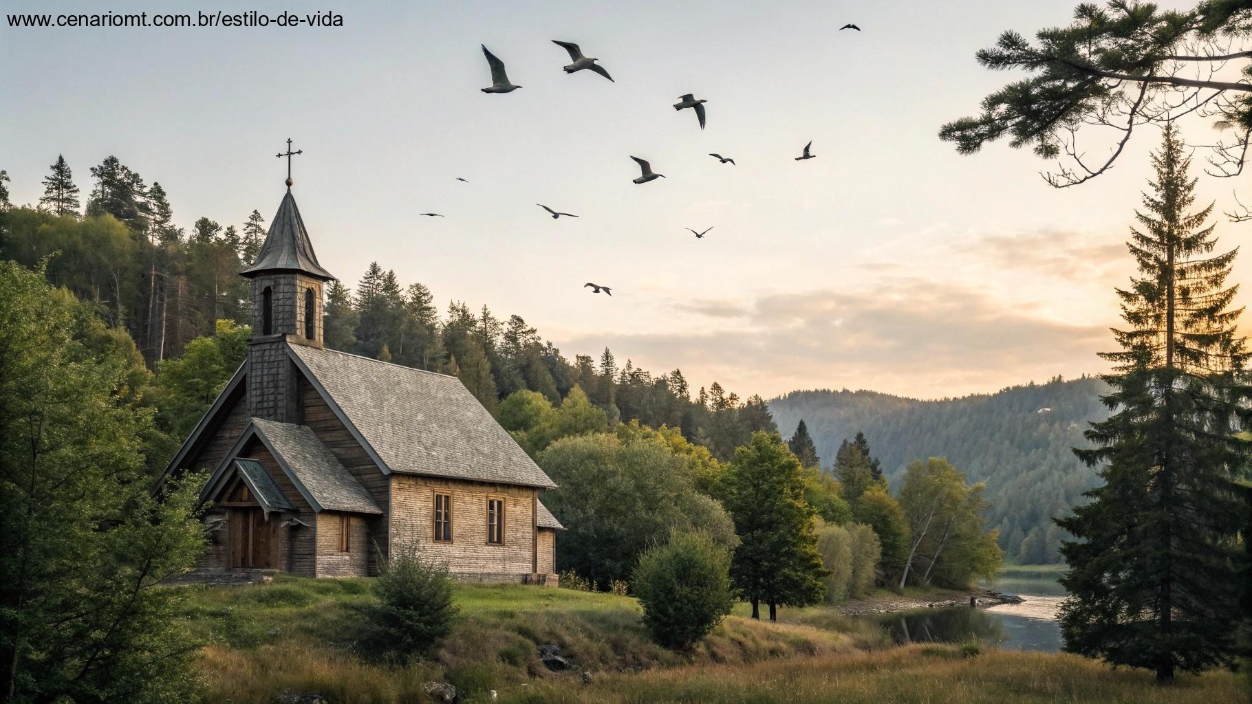 Igreja rústica iluminada pela luz da manhã, cercada pela natureza