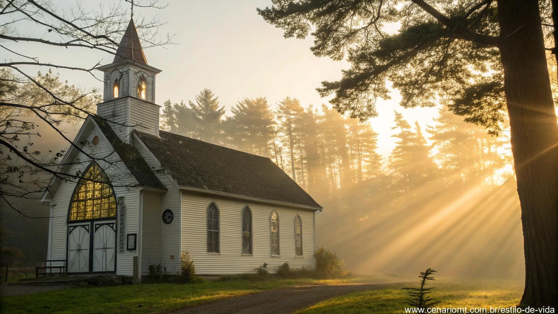 Imagem tranquila e edificante de uma igreja ou templo, com luz suave entrando pelas janelas, simbolizando a conexão com a fé e bênçãos divinas