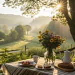 Imagem de um amanhecer de domingo com luz suave e uma mesa de café da manhã com flores, representando um novo começo para a semana