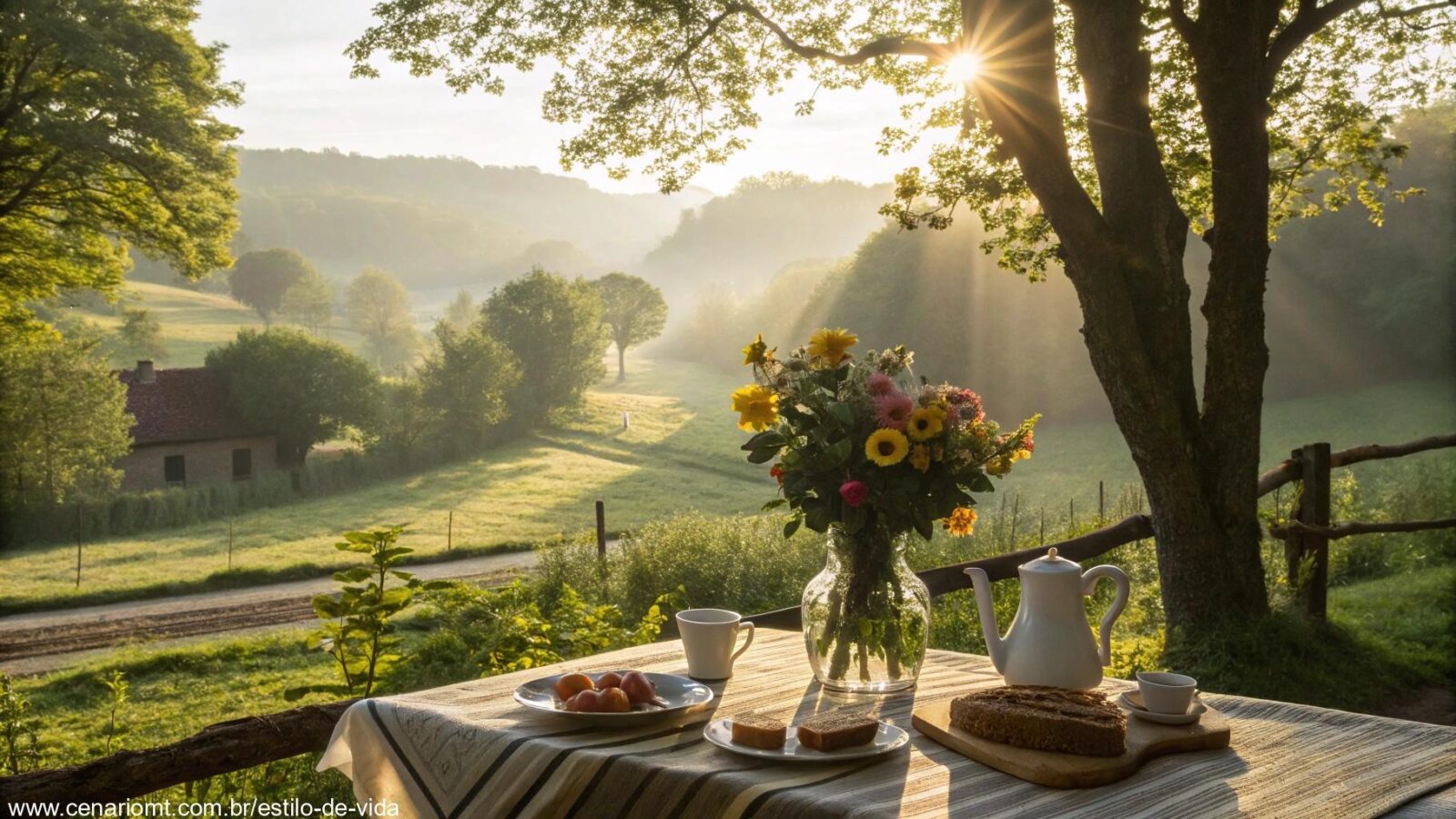 Imagem de um amanhecer de domingo com luz suave e uma mesa de café da manhã com flores, representando um novo começo para a semana