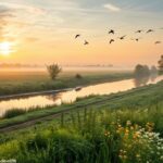 Mensagem de bom dia com paisagem serena ao amanhecer, simbolizando energia positiva