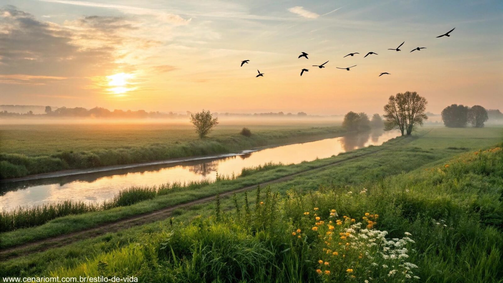 Mensagem de bom dia com paisagem serena ao amanhecer, simbolizando energia positiva
