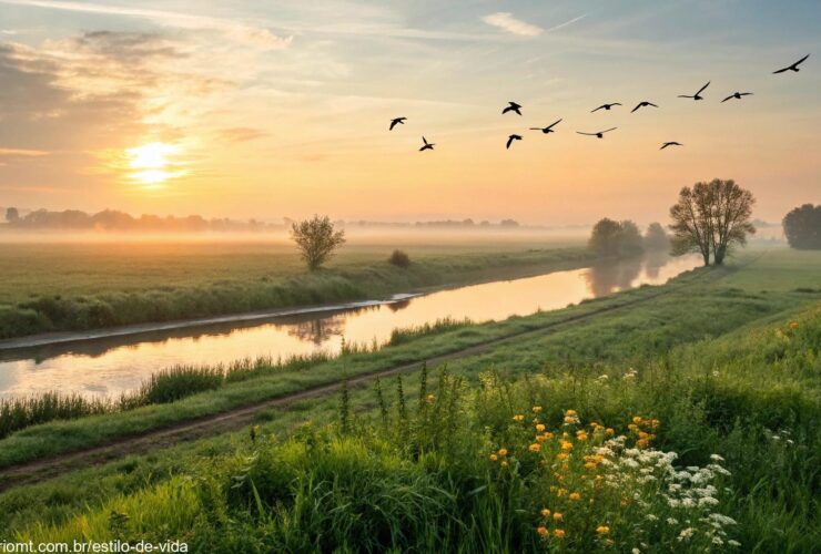 Mensagem de bom dia com paisagem serena ao amanhecer, simbolizando energia positiva