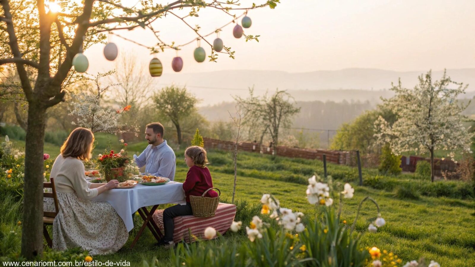 Imagem de um domingo de Páscoa com jardim florido e luz suave da manhã
