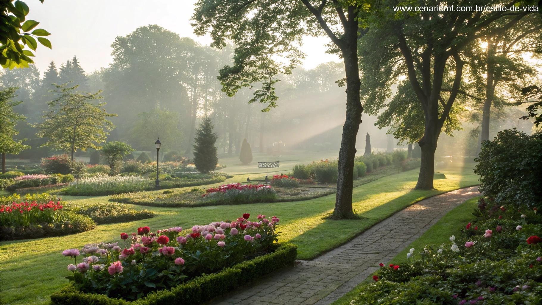 Jardim sereno e pacífico com a luz da manhã filtrando pelas árvores, criando uma atmosfera tranquila para uma mensagem especial no sábado de manhã.