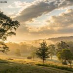 Imagem de uma manhã de domingo serena com luz dourada e atmosfera espiritual