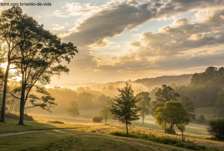 Imagem de uma manhã de domingo serena com luz dourada e atmosfera espiritual