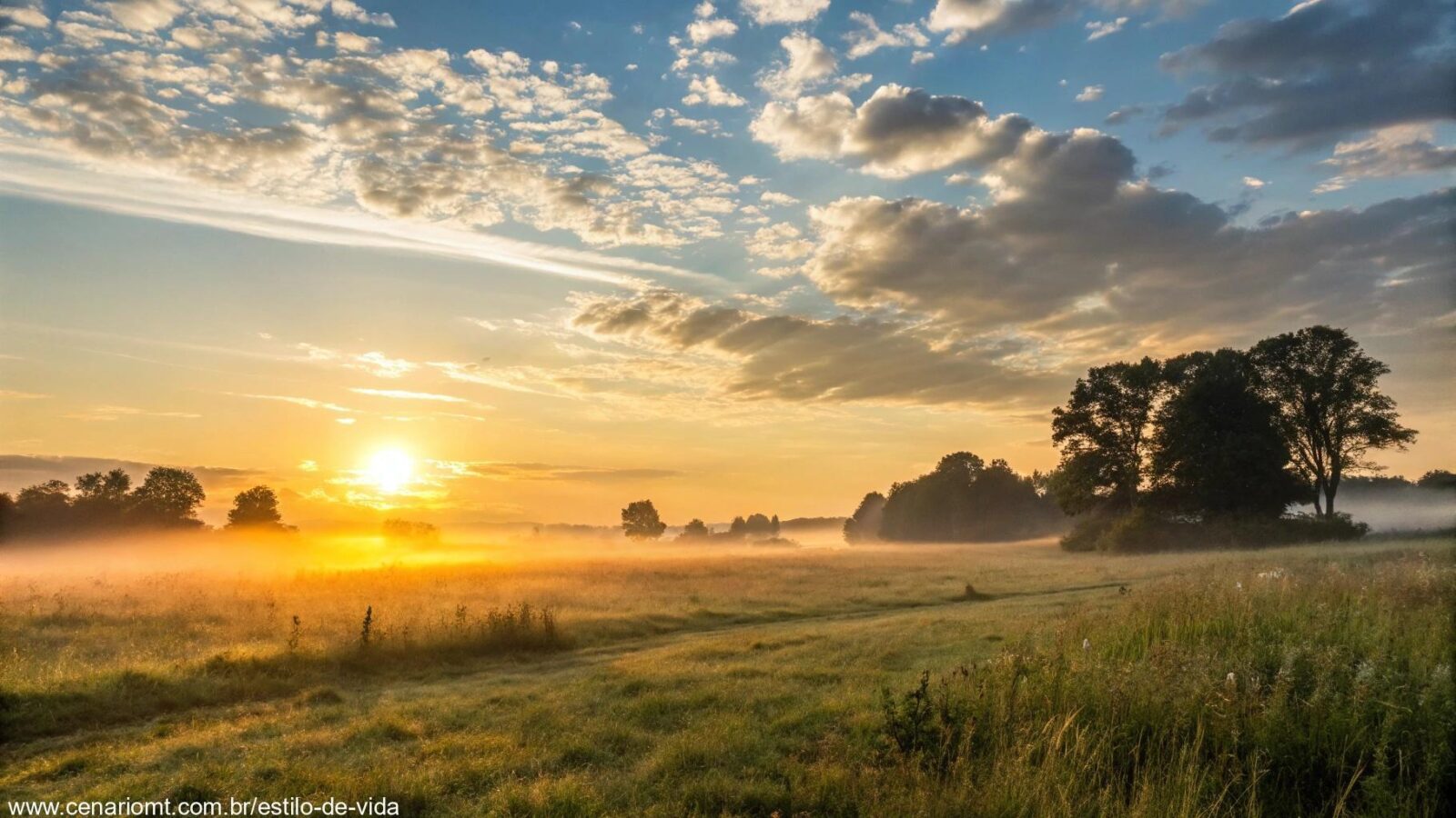 Cena pacífica e serena de manhã na natureza, com o sol nascendo no horizonte, irradiando luz dourada sobre um campo tranquilo.
