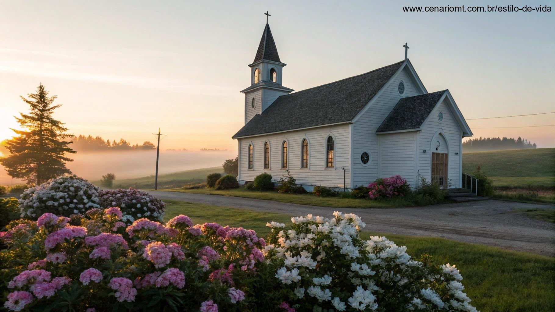 Imagem com um suave brilho matinal tocando uma igreja rural tranquila, com flores ao redor, transmitindo paz e espiritualidade.