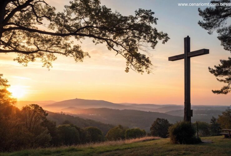 Nascer do sol tranquilo com uma cruz em silhueta no campo, luz dourada suave entre as árvores