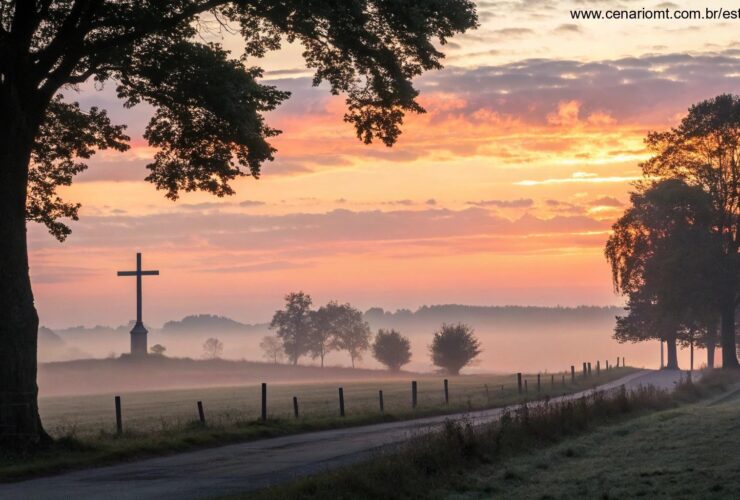 Imagem de um nascer do sol tranquilo com uma cruz ao fundo, representando uma mensagem de bom dia evangélica.