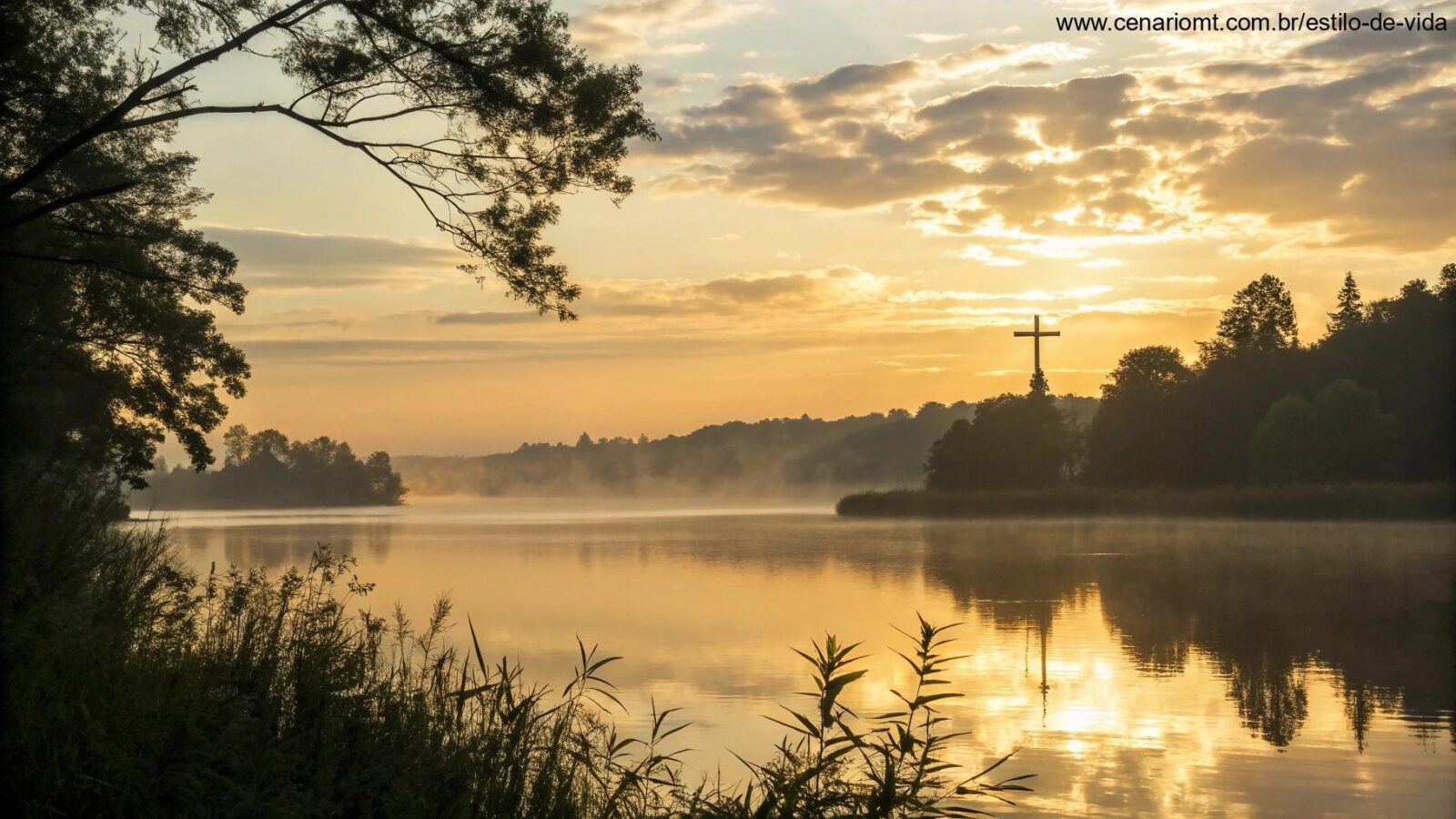 Nascer do sol tranquilo sobre um lago calmo com uma silhueta de cruz ao fundo