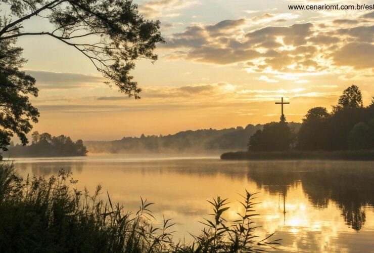 Nascer do sol tranquilo sobre um lago calmo com uma silhueta de cruz ao fundo