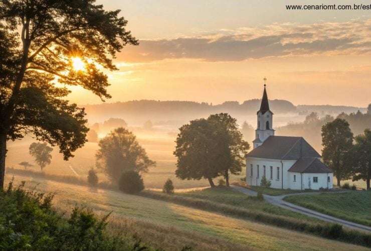 Igreja no campo ao amanhecer representando fé e início de semana