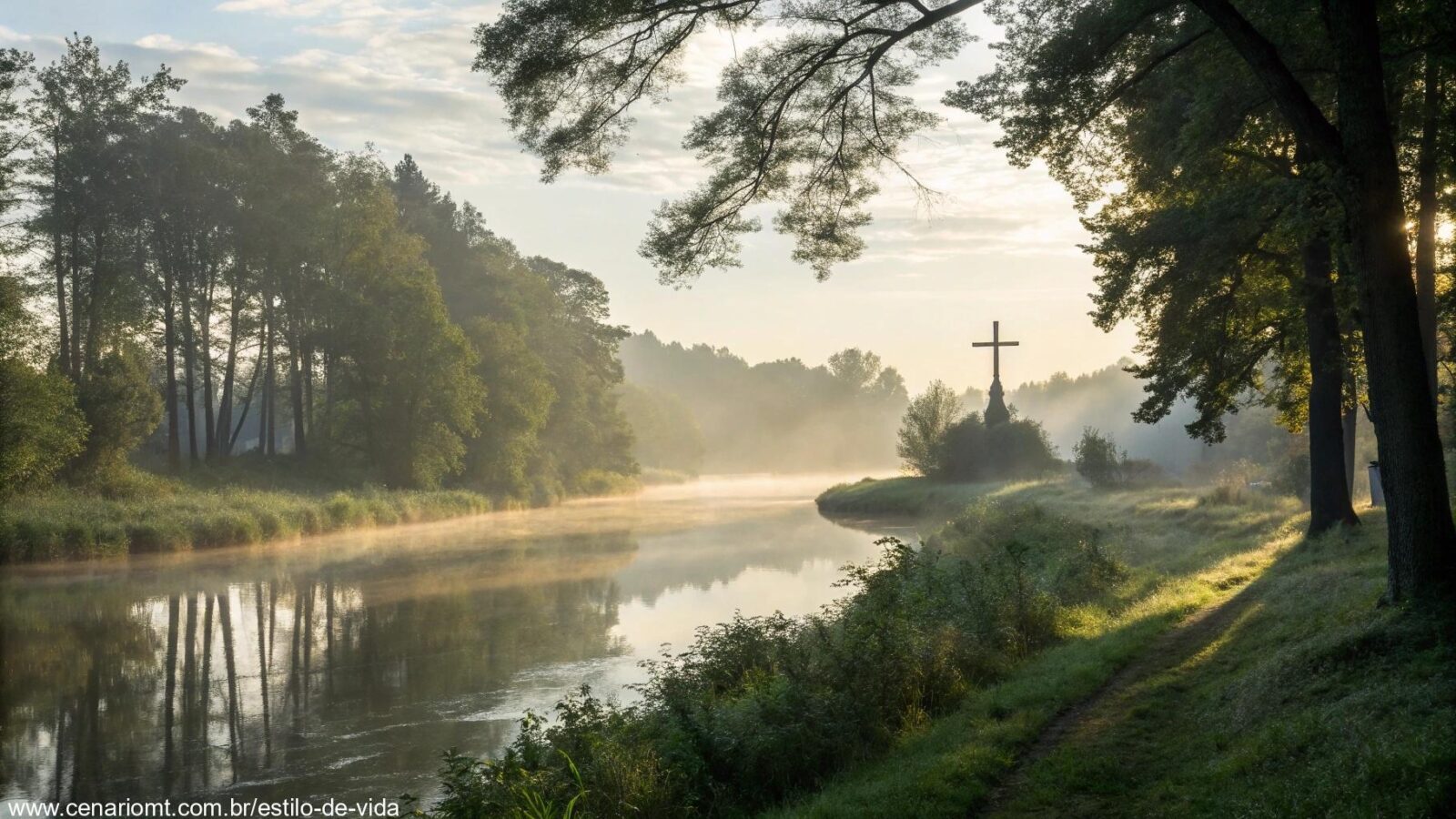 Cena matinal tranquila com luz suave filtrando através das árvores, um rio calmo fluindo e uma cruz simbólica ao fundo, evocando a graça de Deus em uma manhã de segunda-feira.