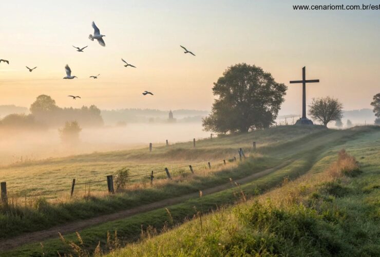 Nascer do sol em um campo tranquilo com uma cruz ao fundo e pombas voando, simbolizando fé e esperança