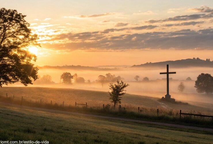 Amanhecer tranquilo no campo com cruz ao fundo simbolizando fé e esperança