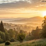 Nascer do sol sereno sobre uma paisagem tranquila com luz dourada suave filtrando pelas árvores