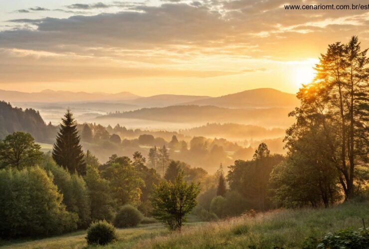 Nascer do sol sereno sobre uma paisagem tranquila com luz dourada suave filtrando pelas árvores