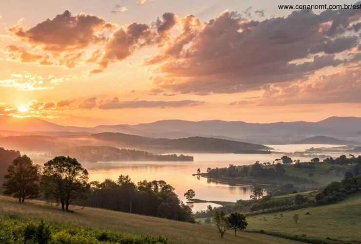 Nascer do sol sereno sobre uma paisagem tranquila com luz dourada suave filtrando através de nuvens gentis