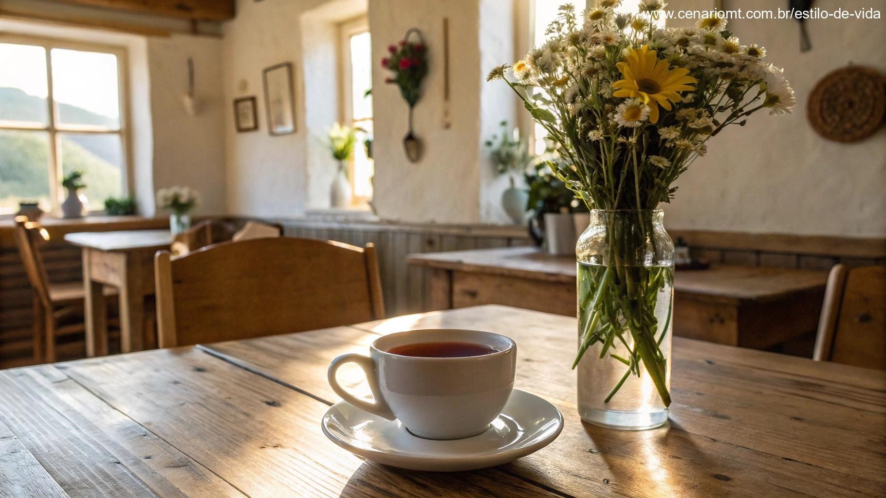 Uma cena de manhã aconchegante com uma xícara de chá e um vaso de flores em uma mesa de madeira, com luz suave iluminando o espaço.