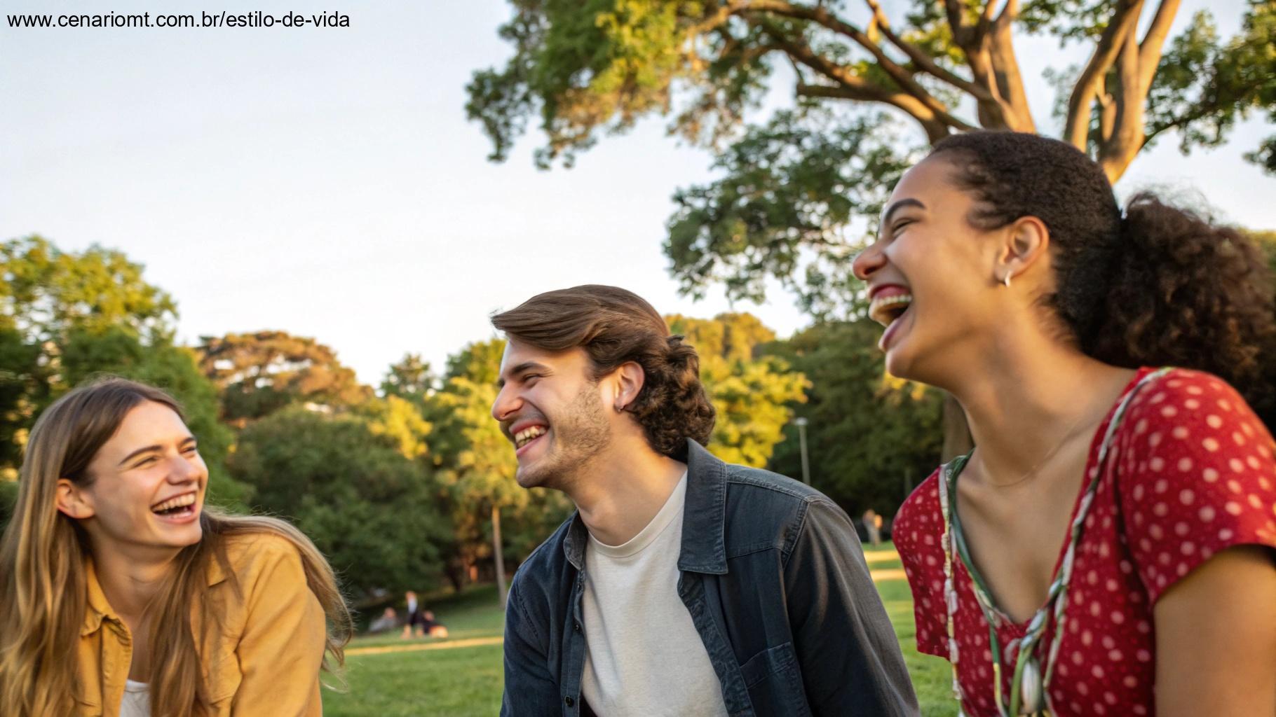 Um grupo de amigos rindo e aproveitando um momento juntos em um parque, representando a alegria da amizade e um começo positivo para o dia.