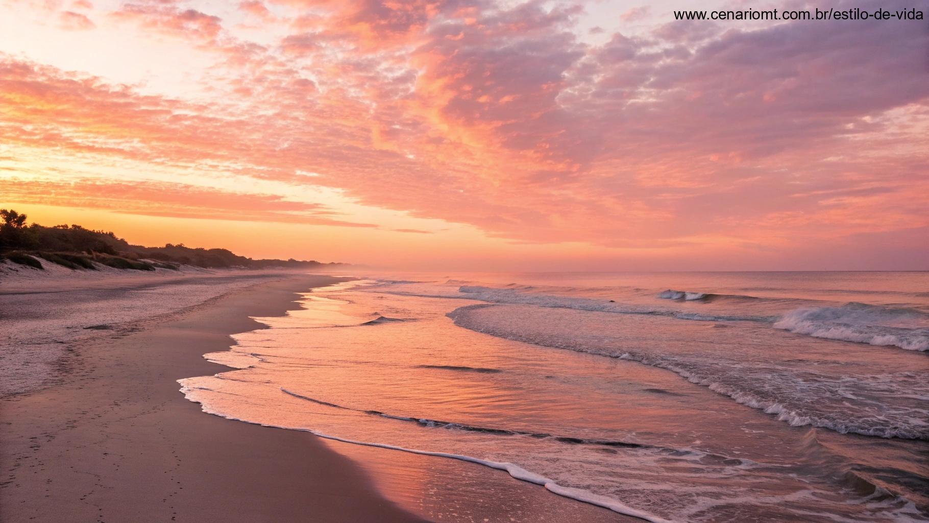 Um lindo amanhecer sobre uma praia calma com ondas suaves, o céu pintado em tons de rosa e laranja, criando uma atmosfera serena perfeita para começar o dia.