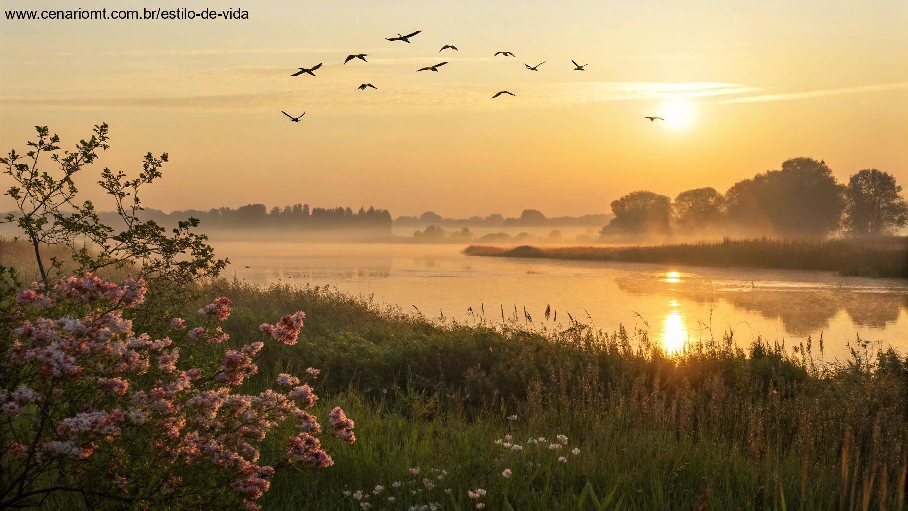 Amanhecer vibrante sobre o horizonte com um lago tranquilo refletindo o céu.