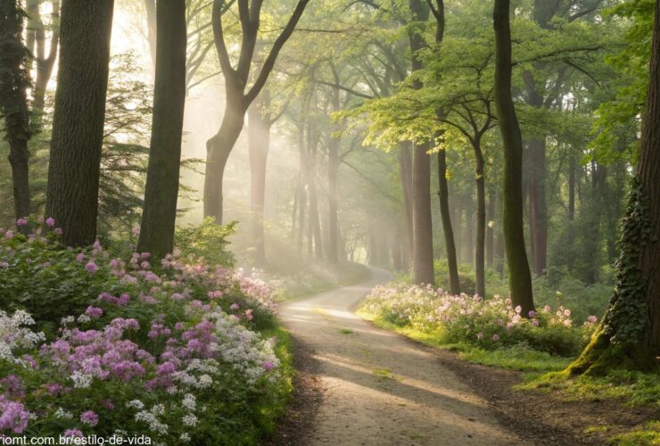 Cenário tranquilo de manhã de domingo com luz suave e natureza serena