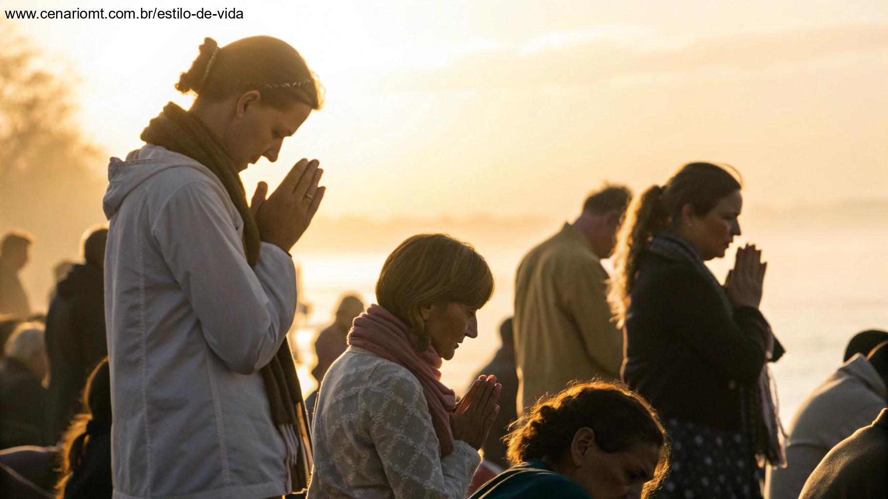 Grupo de pessoas reunidas em oração ao amanhecer, com luz dourada suave preenchendo a cena, transmitindo unidade espiritual e paz.