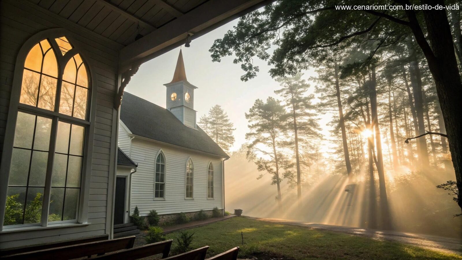 Cena de domingo pela manhã com luz do sol em janelas de igreja e grupo em oração