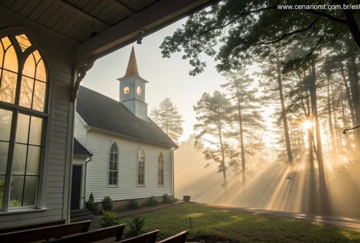 Cena de domingo pela manhã com luz do sol em janelas de igreja e grupo em oração
