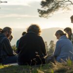 Grupo de pessoas reunidas em um cenário ao ar livre, compartilhando um momento de reflexão espiritual na manhã de domingo.