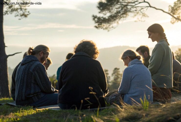 Grupo de pessoas reunidas em um cenário ao ar livre, compartilhando um momento de reflexão espiritual na manhã de domingo.