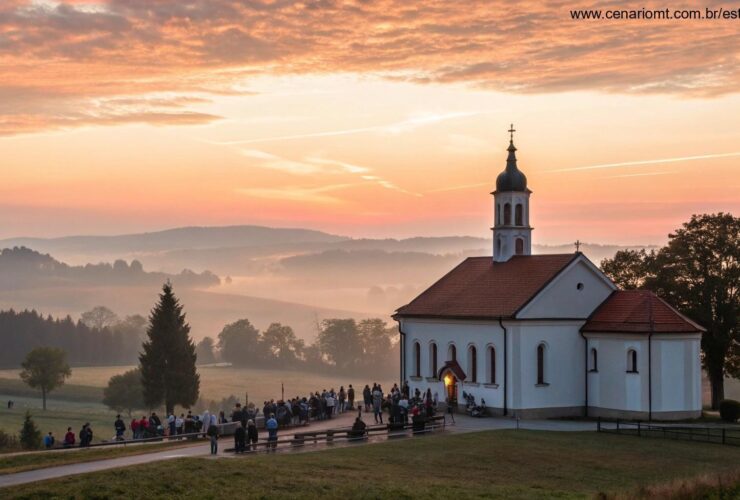Imagem de um nascer do sol tranquilo sobre uma igreja no campo com pessoas orando