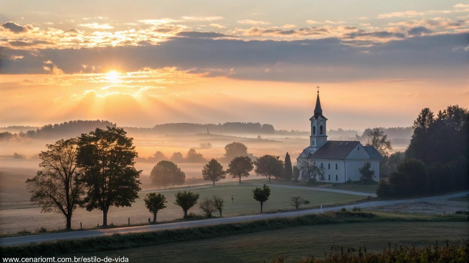 Imagem de um amanhecer pacífico sobre uma igreja, com raios suaves de luz sobre uma paisagem serena, simbolizando um novo começo e renovação espiritual.