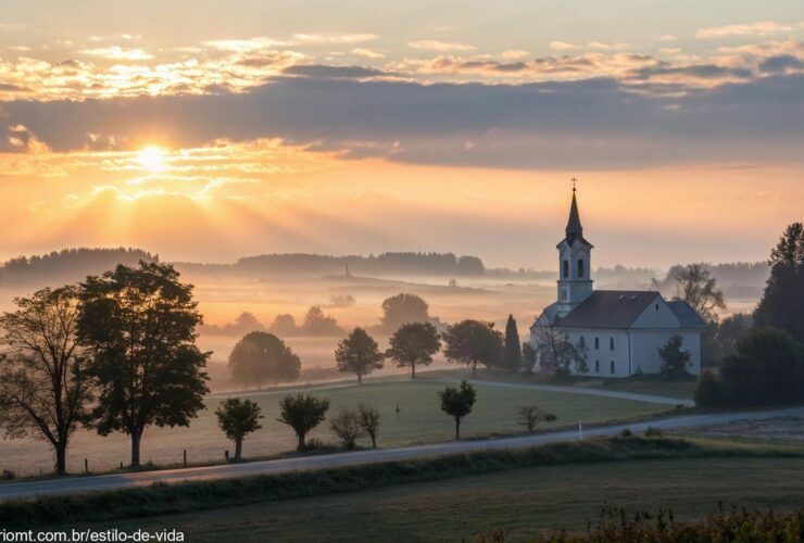 Imagem de um amanhecer pacífico sobre uma igreja, com raios suaves de luz sobre uma paisagem serena, simbolizando um novo começo e renovação espiritual.