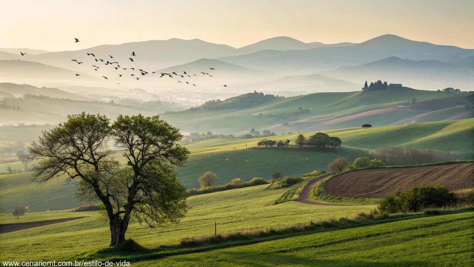 Paisagem tranquila com luz suave de manhã, campos verdes e uma árvore solitária representando força e crescimento.