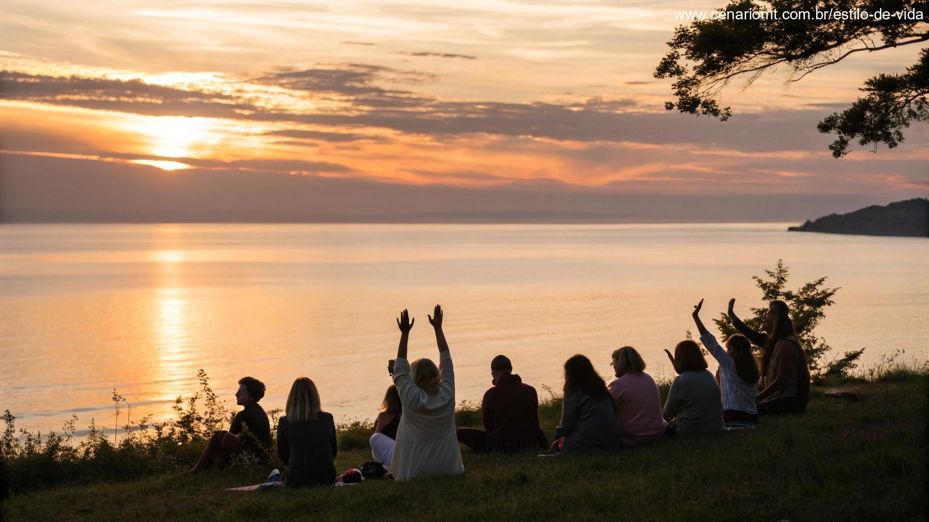 Cenário ao ar livre com um amanhecer sobre o mar calmo, luz suave refletindo na água e um grupo de pessoas em oração.