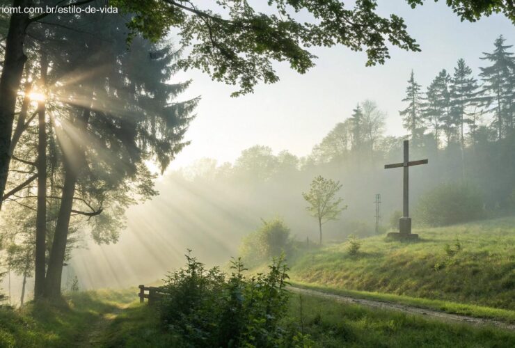 Cenário de manhã serena com luz suave e cruz de madeira ao fundo