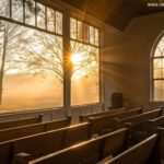 Cena de manhã tranquila com luz do sol entrando pela janela de uma igreja